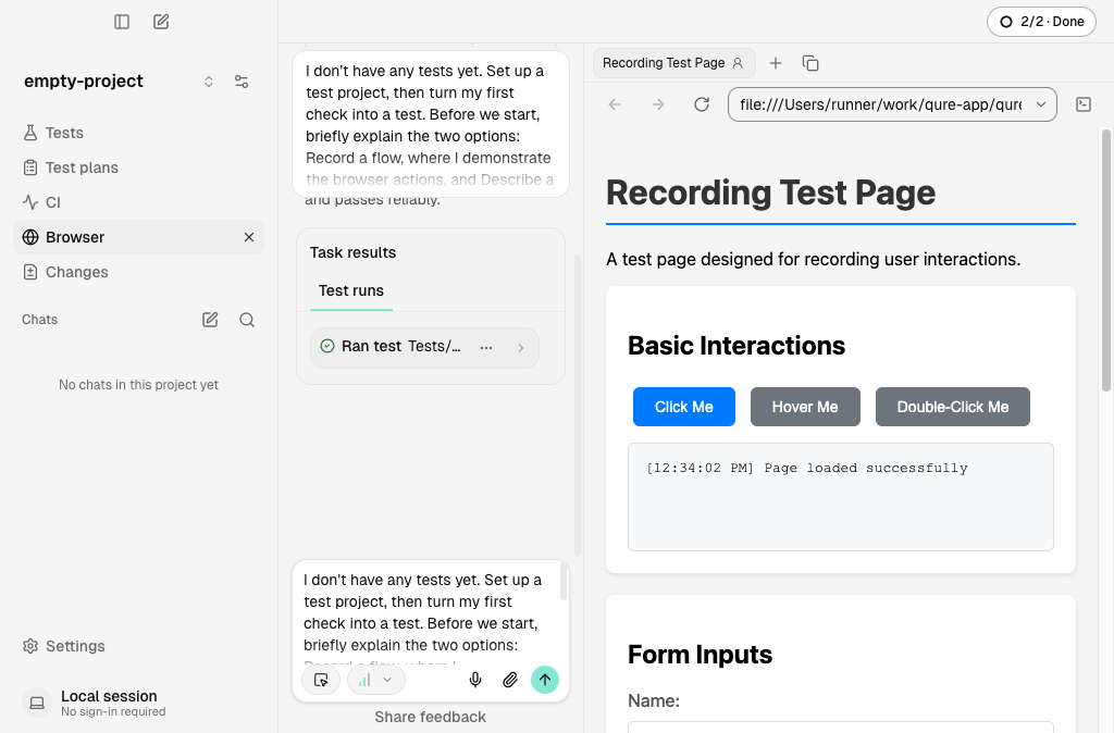 Chat showing Task results with a passing Ran test entry next to the embedded browser