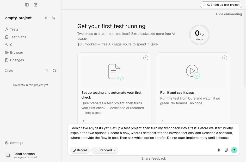 Onboarding panel with the Set up testing card and a draft request in the chat composer