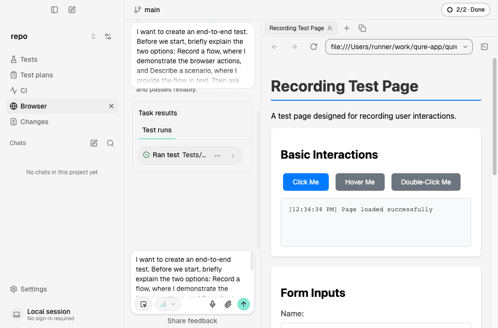 Chat showing Task results with a passing Ran test entry next to the embedded browser
