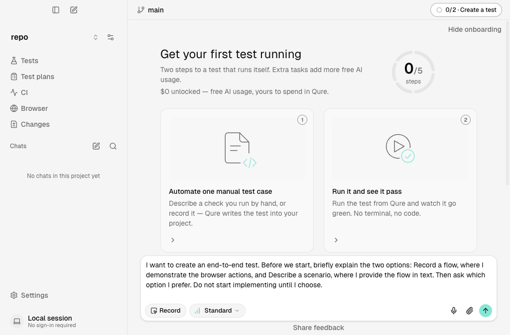 Onboarding panel with the Automate one manual test case card and a draft request in the chat composer